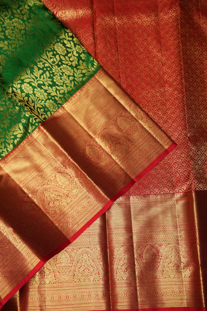 Emerald Green & Red Pure Kanchipuram Silk with 1 Gram Zari Weave|Silk Mark Certified