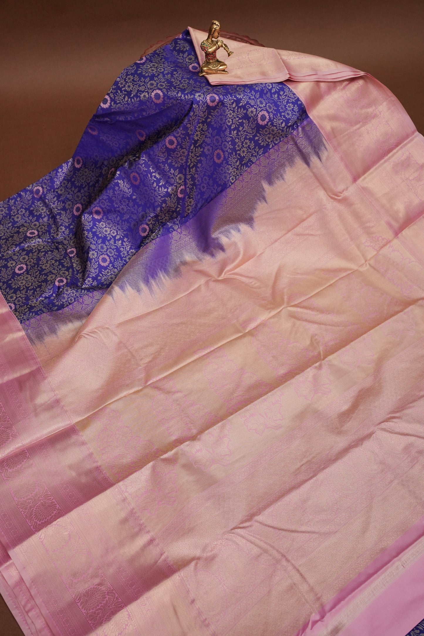 Kanchivaram Semi Silk Saree - Royal Blue with Baby Pink Border