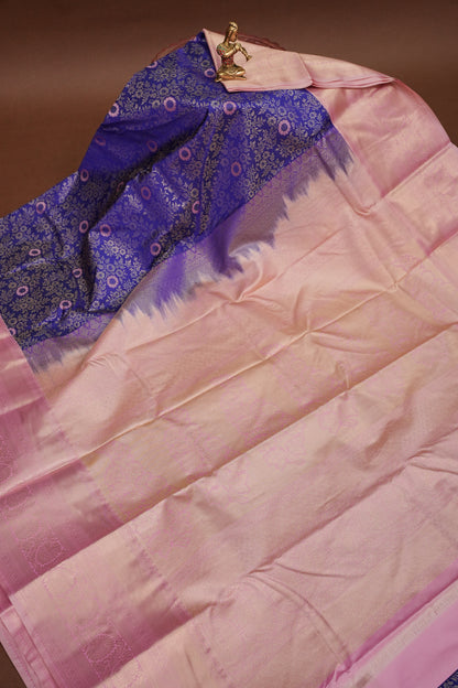 Kanchivaram Semi Silk Saree - Royal Blue with Baby Pink Border