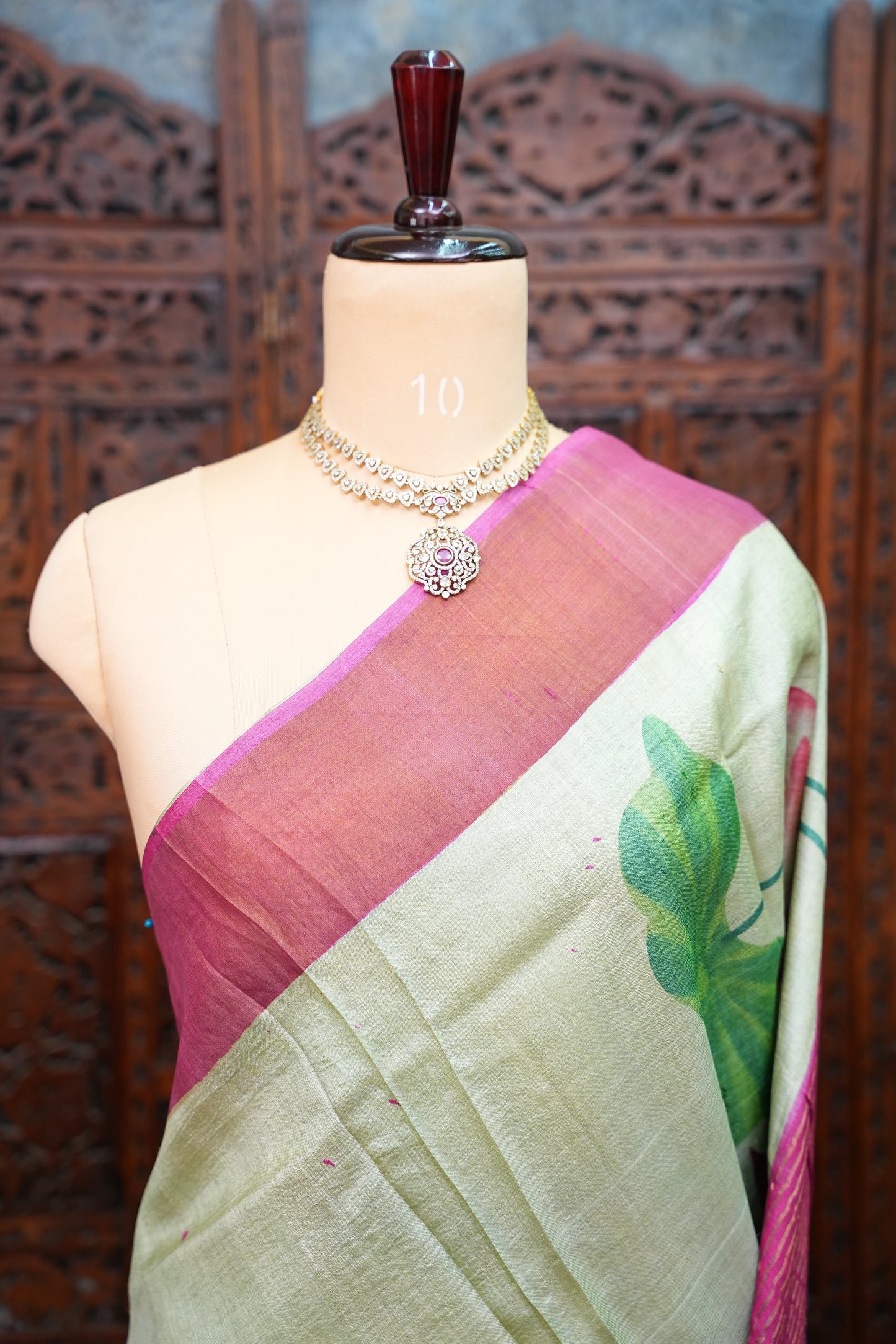 Pure Tussar Silk Saree with Floral Handpainted Print – Mint Green & Magenta | Silk Mark Certified