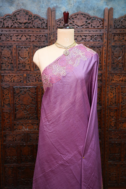 Pure Tussar Silk Saree with Floral Cutwork Embroidered Borders – Purple