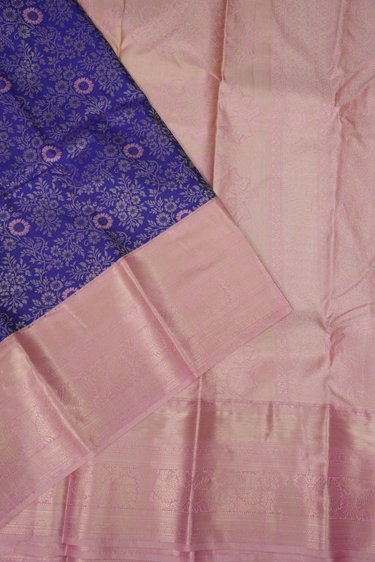 Kanchivaram Semi Silk Saree - Royal Blue with Baby Pink Border