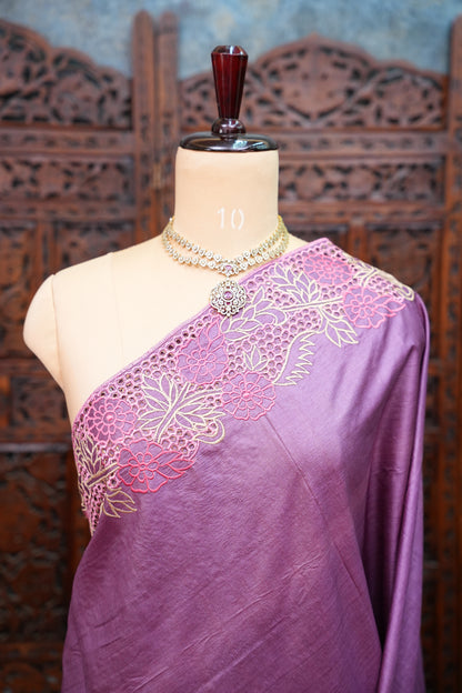 Pure Tussar Silk Saree with Floral Cutwork Embroidered Borders – Purple