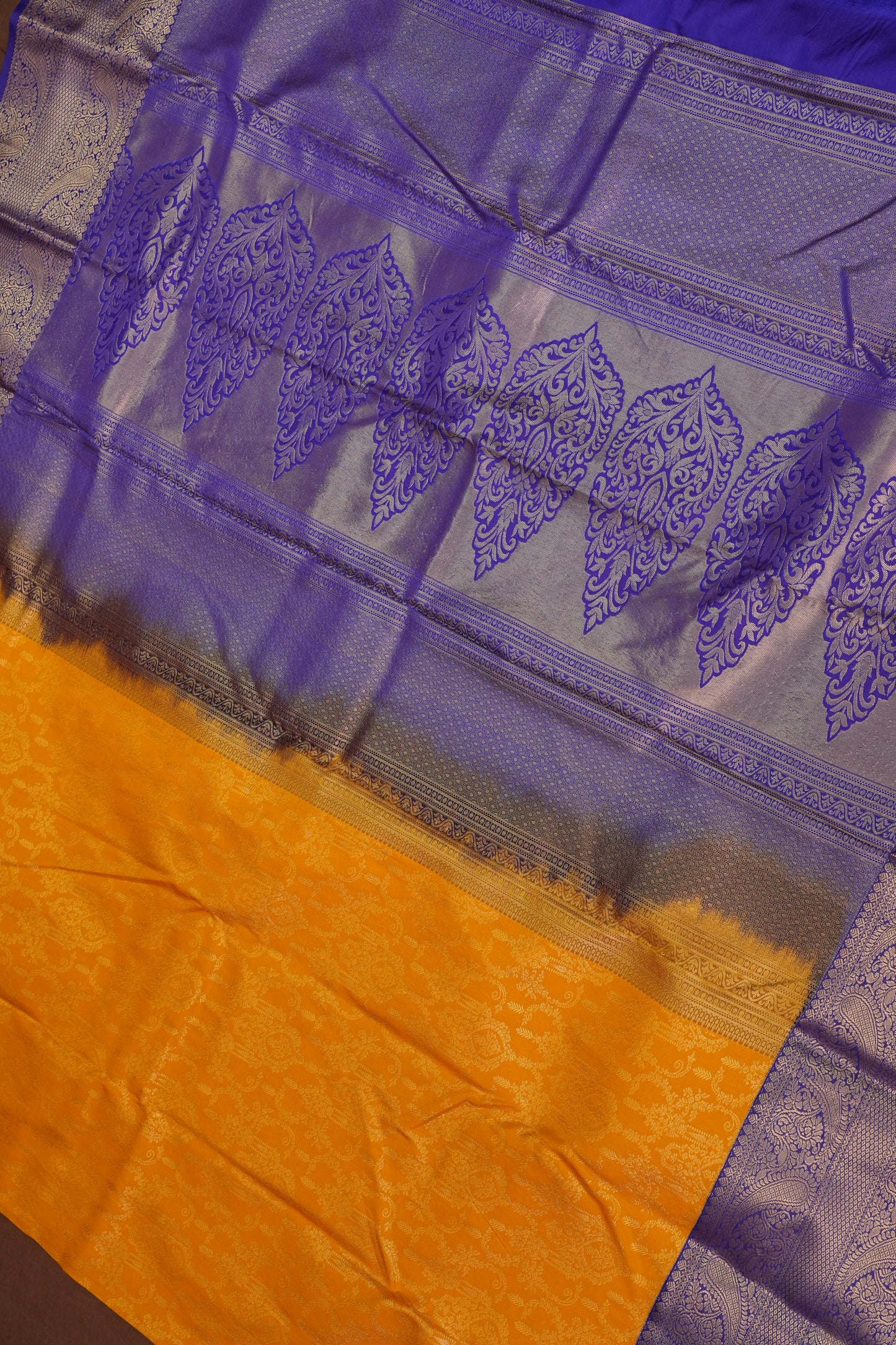 Kanchivaram Semi Silk Saree - Mustard Yellow with Royal Blue