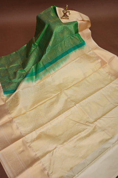 Kanchivaram Semi Silk Saree - Emerald Green with Ivory