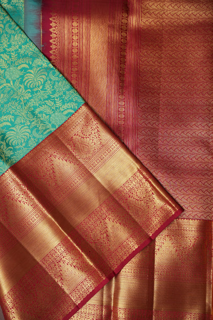 Rama Green & Red Pure Kanchipuram Silk Saree with 1 Gram Gold Zari Weave|Silk Mark Certified
