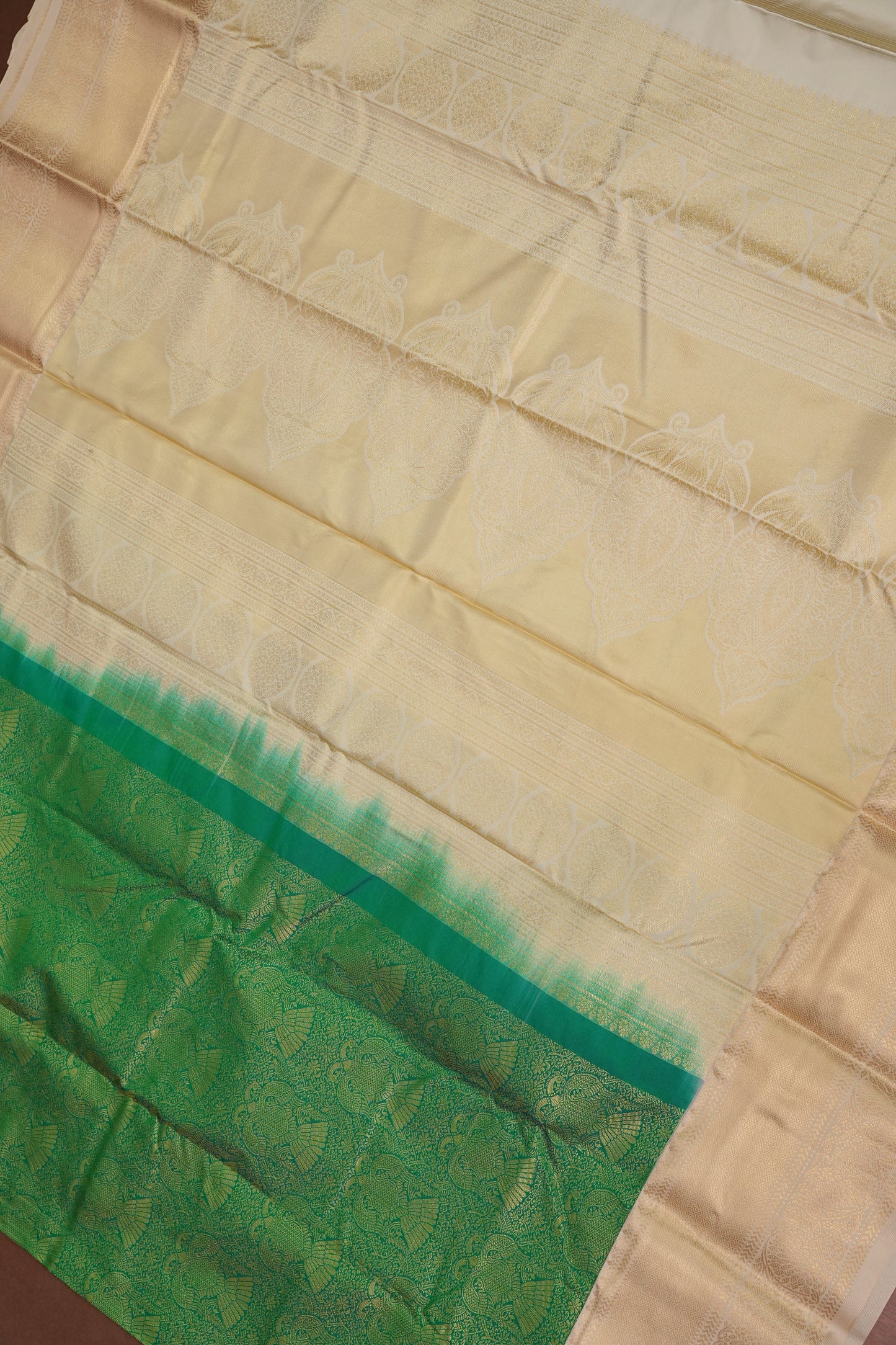 Kanchivaram Semi Silk Saree - Emerald Green with Ivory