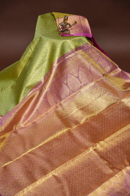 Parrot Green & Pink Pure Tissue Kanchipuram Silk Saree|Silk Mark Certified