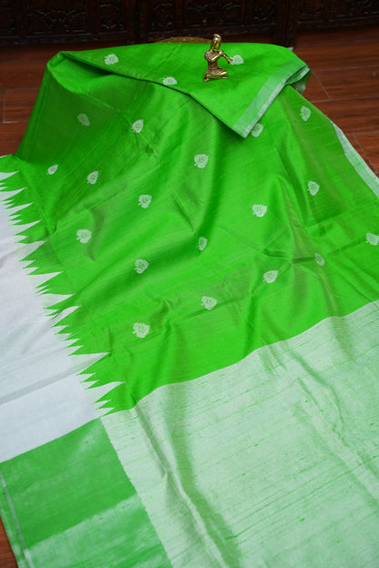 Pure Raw Silk Saree – Green & White
