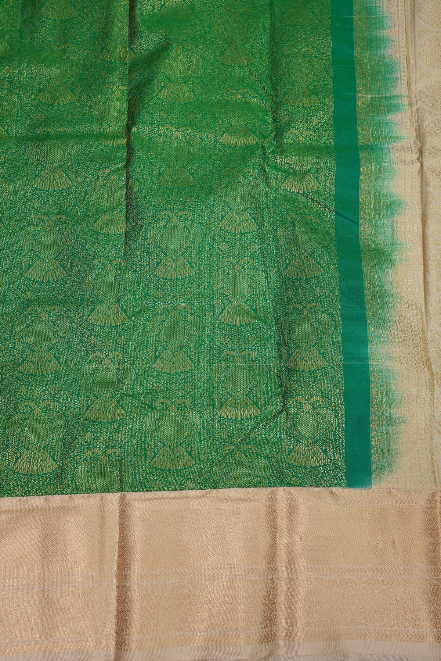 Kanchivaram Semi Silk Saree - Emerald Green with Ivory