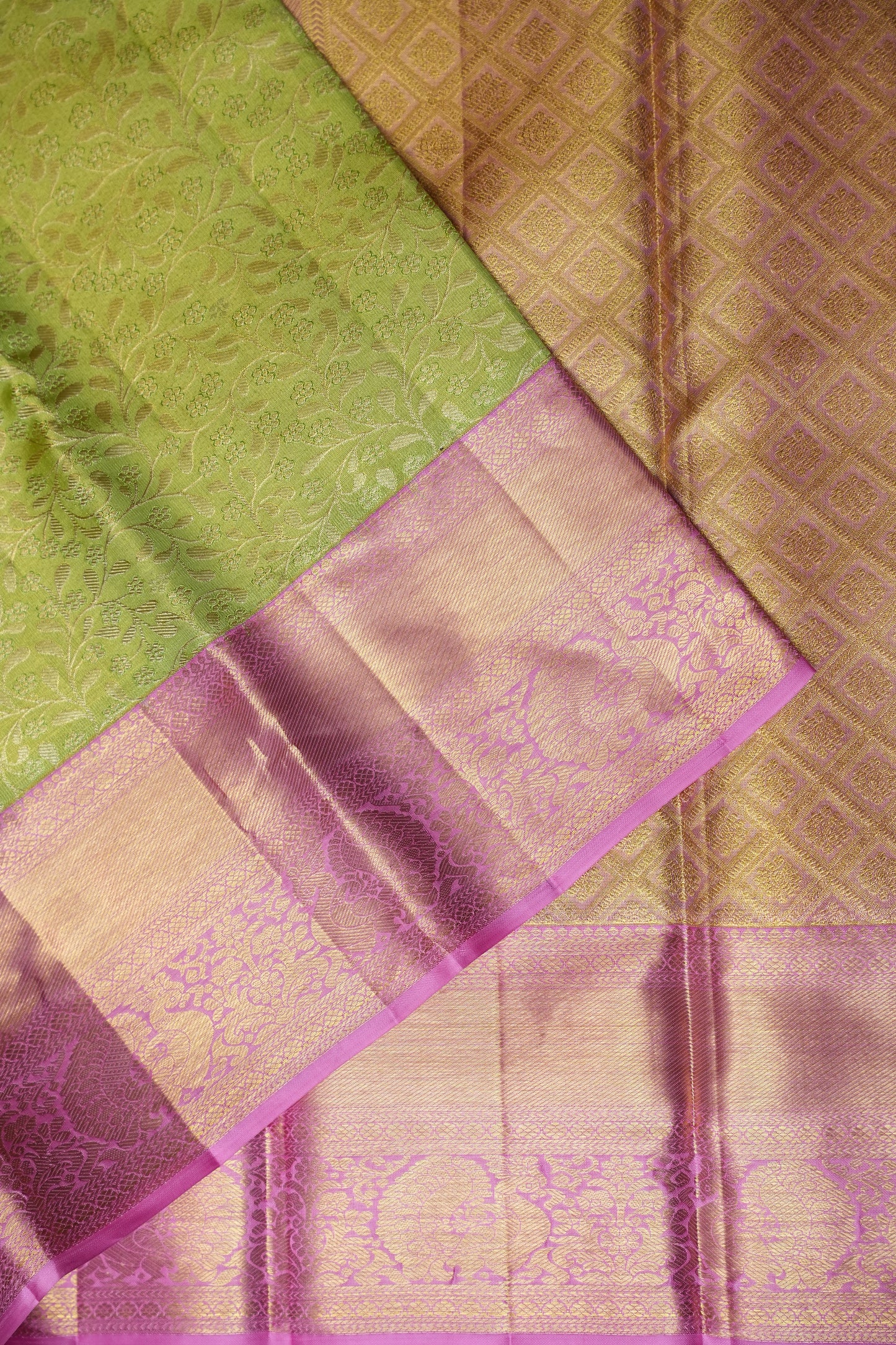 Parrot Green & Pink Pure Tissue Kanchipuram Silk Saree|Silk Mark Certified