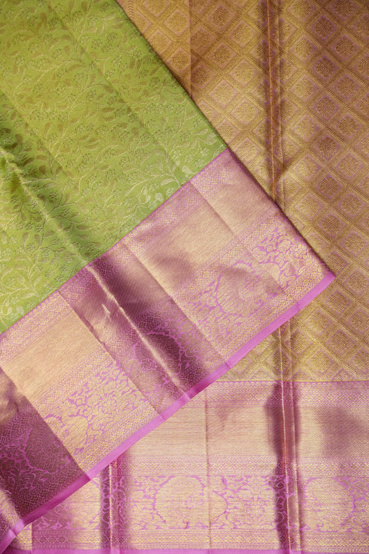 Parrot Green & Pink Pure Tissue Kanchipuram Silk Saree|Silk Mark Certified