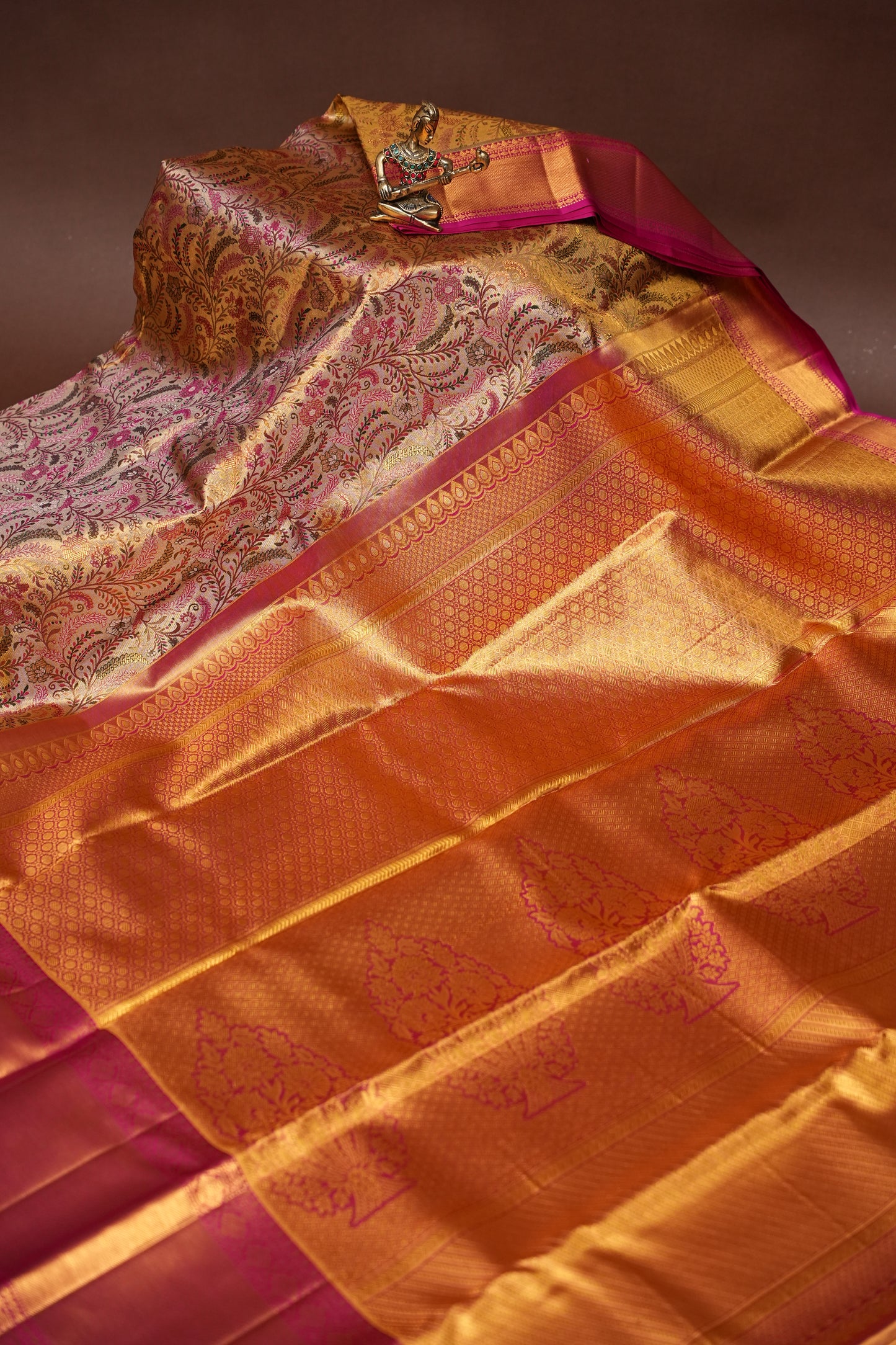 Beige Gold & Pink Pure Tissue Kanchipuram Silk Saree|Silk Mark Certified