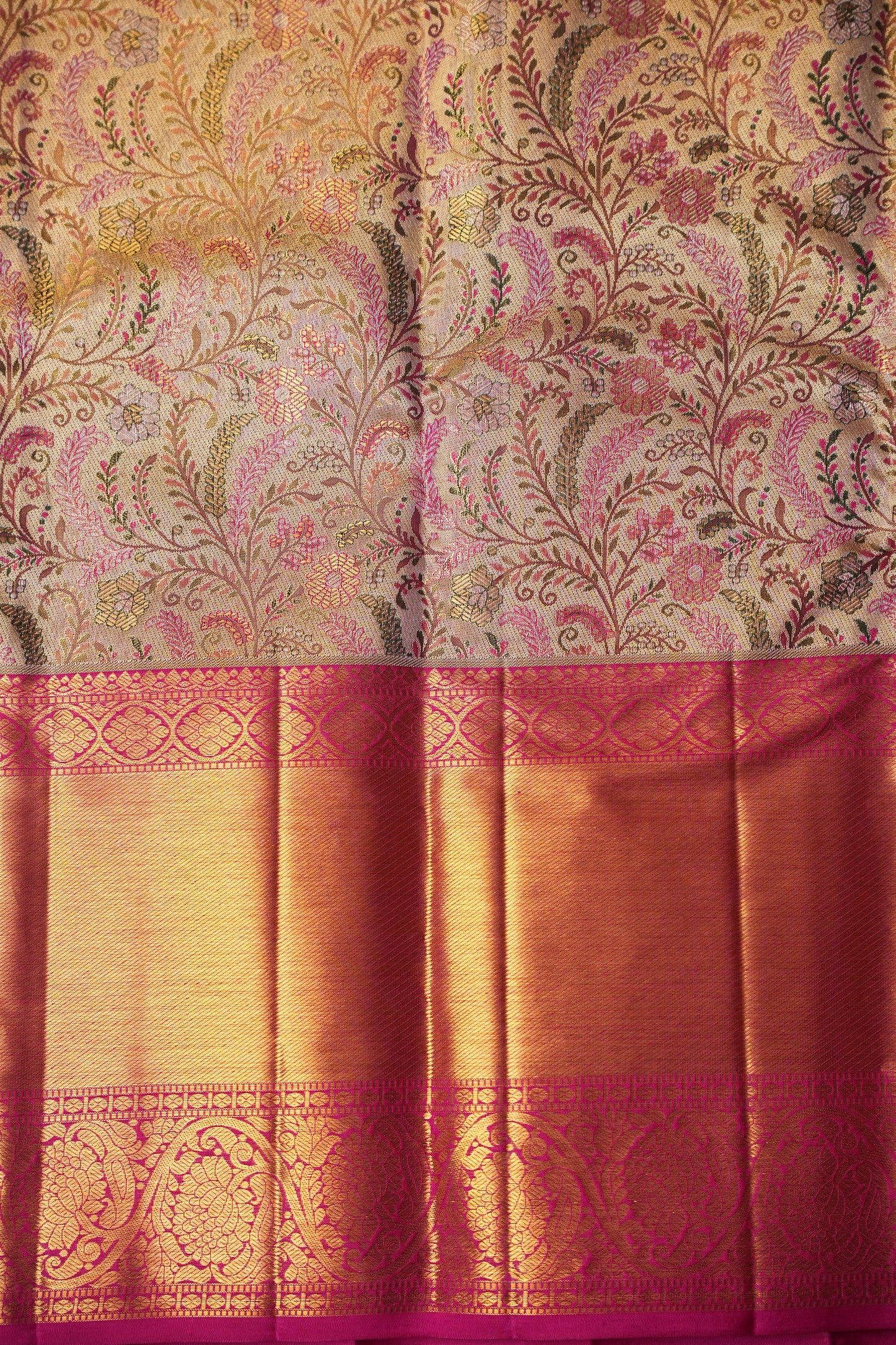Beige Gold & Pink Pure Tissue Kanchipuram Silk Saree|Silk Mark Certified