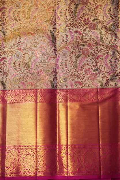 Beige Gold & Pink Pure Tissue Kanchipuram Silk Saree|Silk Mark Certified