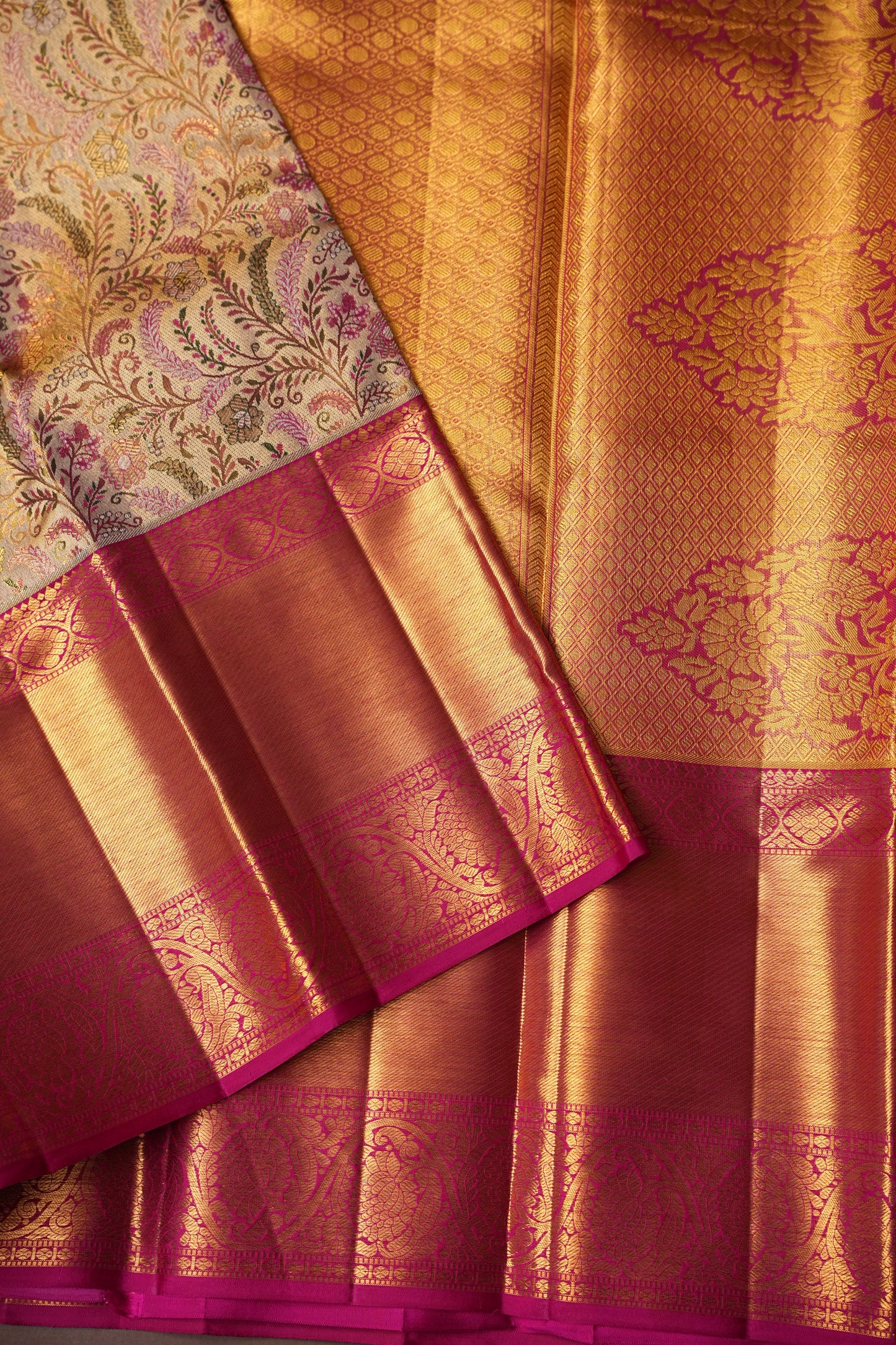 Beige Gold & Pink Pure Tissue Kanchipuram Silk Saree|Silk Mark Certified