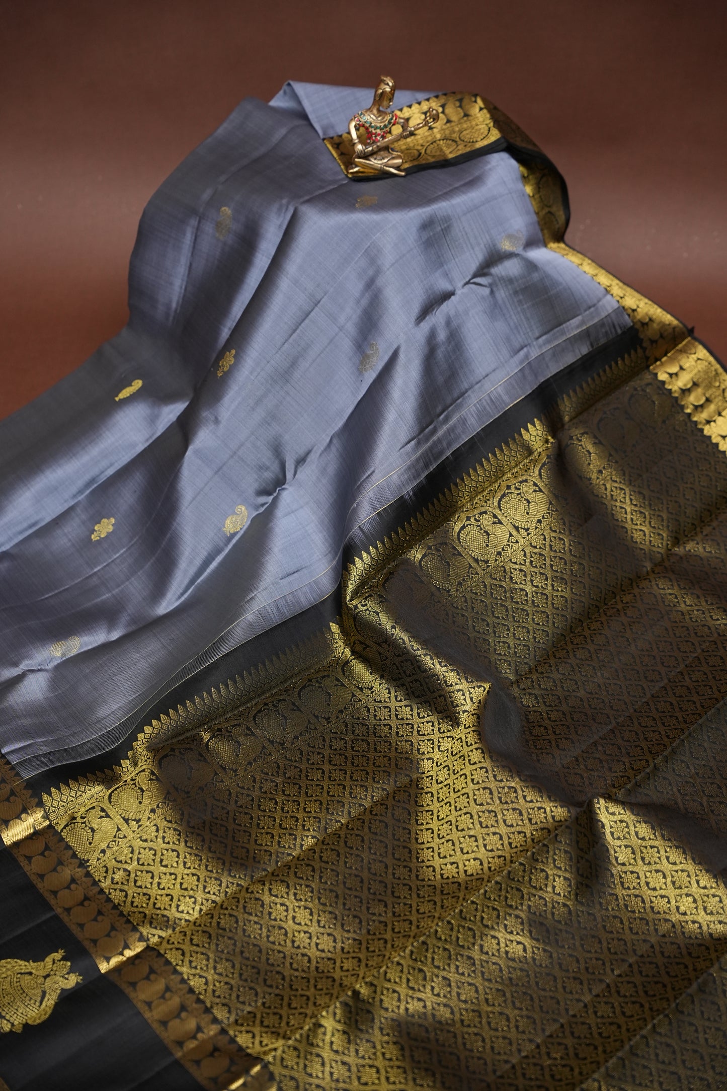 Grey & Black Pure Kanchipuram Silk Saree|Silk Mark Certified