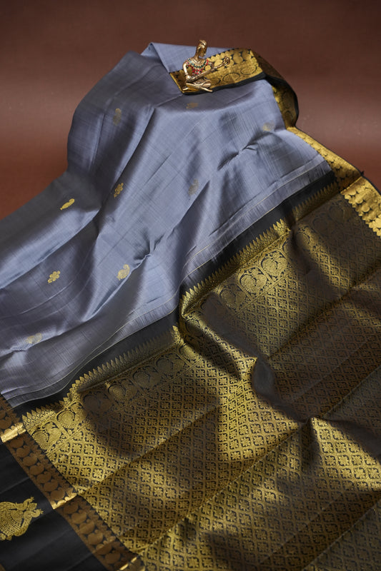 Pure Kanchivaram Silk Saree - Grey with Black & Gold Border