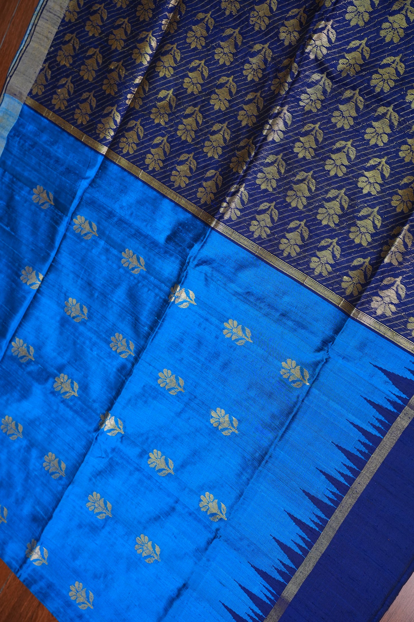 Pure Raw Silk Saree with Gold Buttas & Brocade Pallu – Blue and Navy