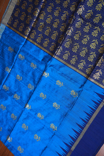 Pure Raw Silk Saree with Gold Buttas & Brocade Pallu – Blue and Navy