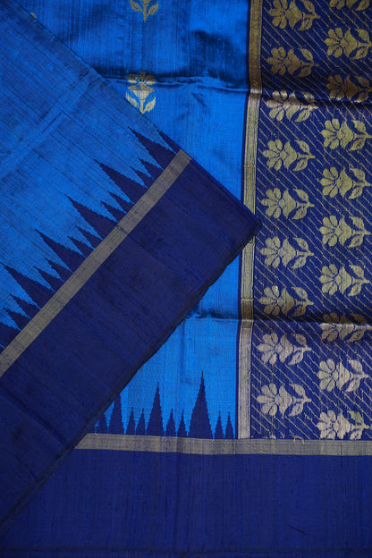 Pure Raw Silk Saree with Gold Buttas & Brocade Pallu – Blue and Navy