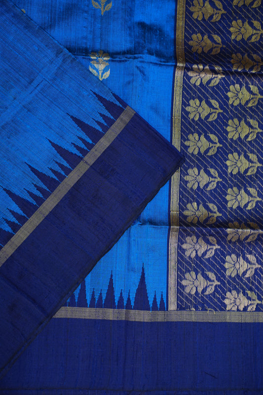 Pure Raw Silk Saree with Gold Buttas & Brocade Pallu – Blue and Navy