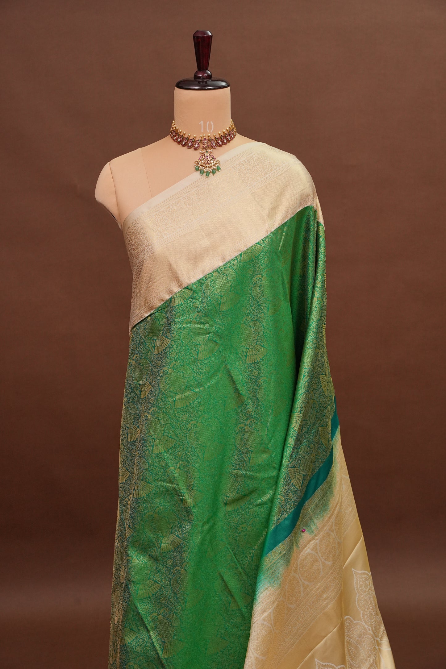 Kanchivaram Semi Silk Saree - Emerald Green with Ivory