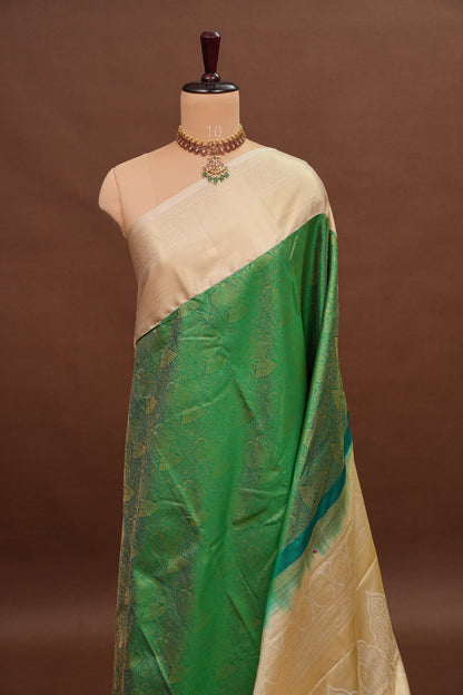 Kanchivaram Semi Silk Saree - Emerald Green with Ivory