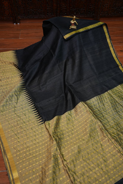 Pure Raw Silk Saree with Rich Champagne Zari Pallu – Black & Champagne Gold