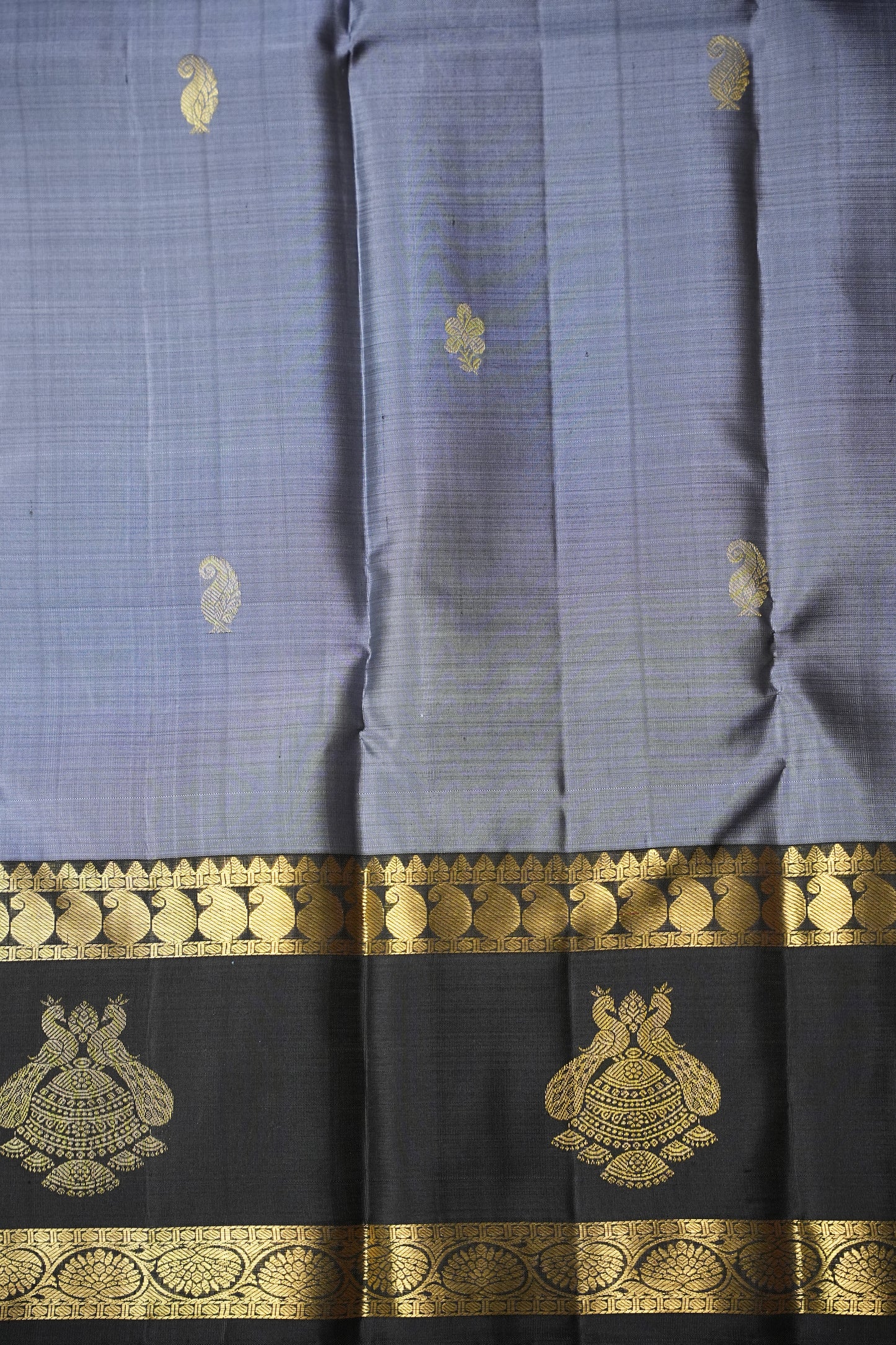 Grey & Black Pure Kanchipuram Silk Saree|Silk Mark Certified
