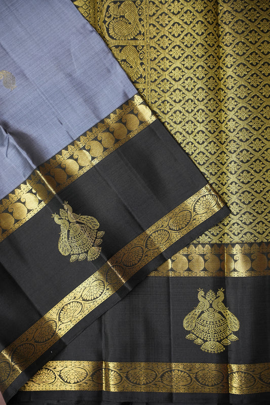 Pure Kanchivaram Silk Saree - Grey with Black & Gold Border