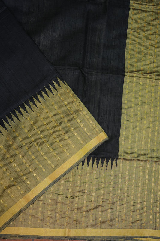 Pure Raw Silk Saree with Rich Champagne Zari Pallu – Black & Champagne Gold
