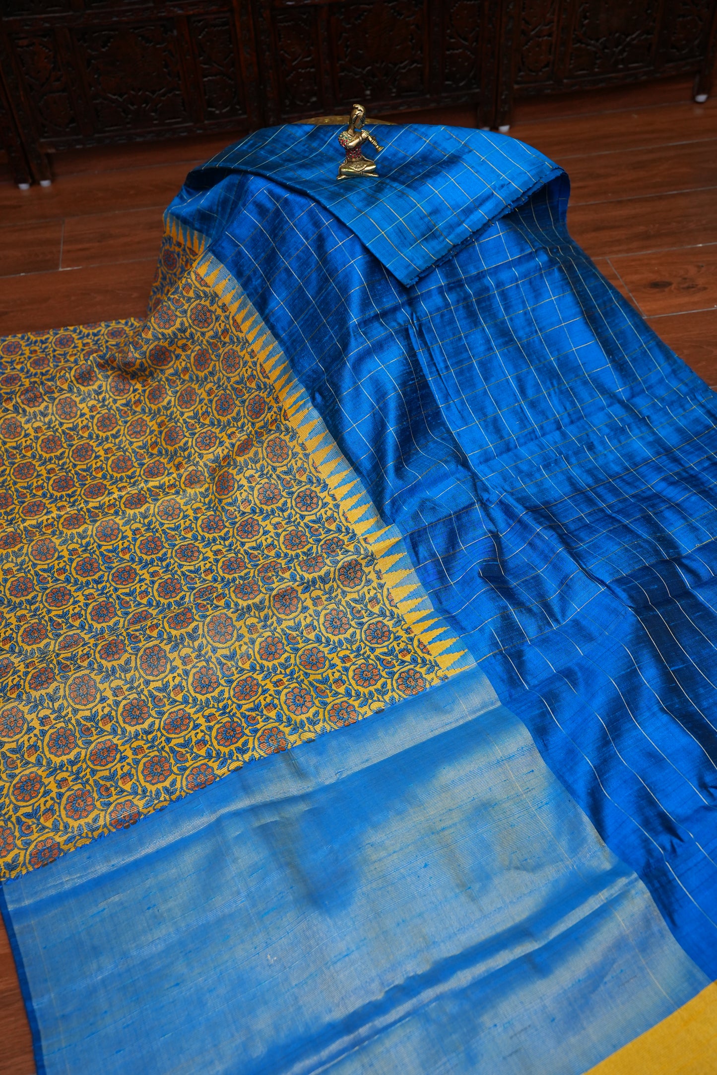Pure Raw Silk Saree with Gold Checks – Royal Blue & Mustard Yellow