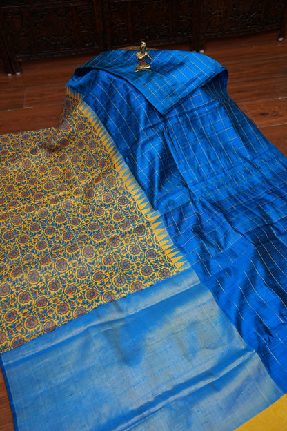 Pure Raw Silk Saree with Gold Checks – Royal Blue & Mustard Yellow
