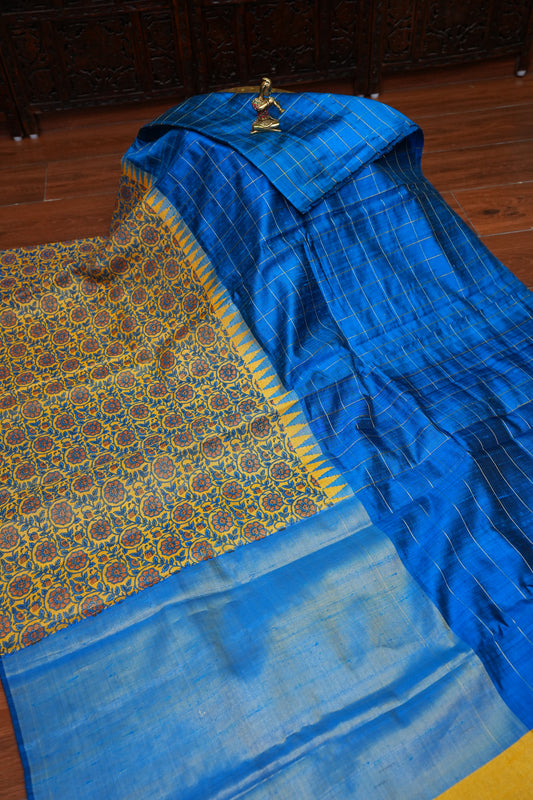 Pure Raw Silk Saree with Gold Checks – Royal Blue & Mustard Yellow