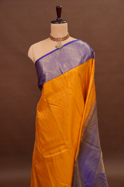 Kanchivaram Semi Silk Saree - Mustard Yellow with Royal Blue