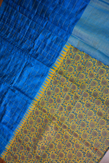 Pure Raw Silk Saree with Gold Checks – Royal Blue & Mustard Yellow