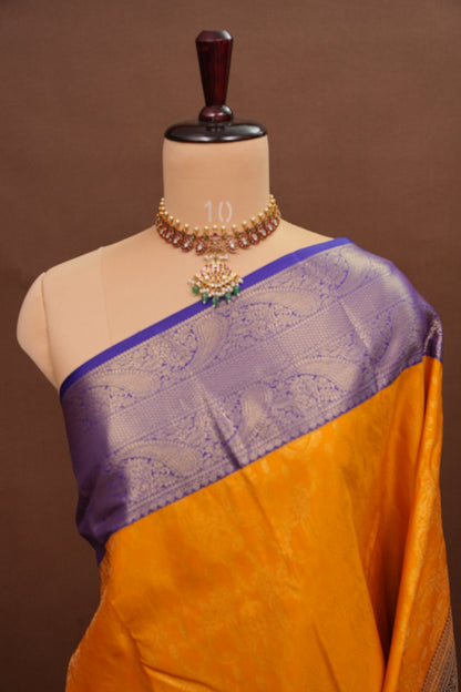 Kanchivaram Semi Silk Saree - Mustard Yellow with Royal Blue