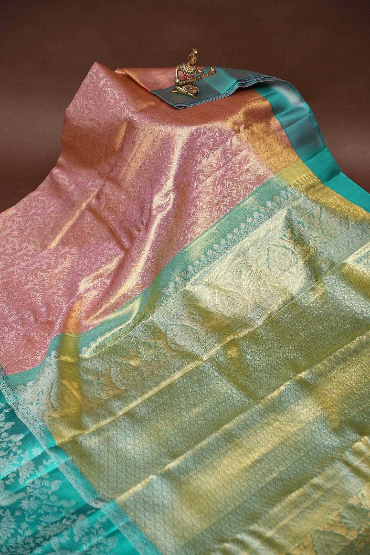 Peach Pink & Turquoise Green Pure Tissue Kanchipuram Silk Saree|Silk Mark Certified
