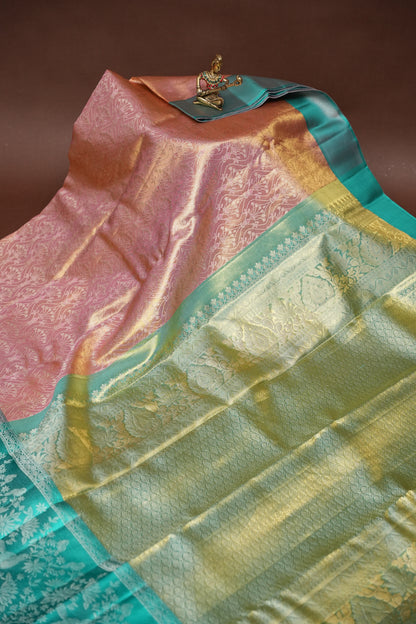 Peach Pink & Turquoise Green Pure Tissue Kanchipuram Silk Saree|Silk Mark Certified