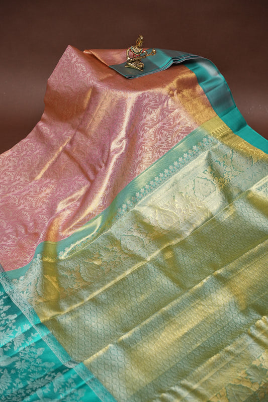 Peach Pink & Turquoise Green Pure Tissue Kanchipuram Silk Saree|Silk Mark Certified