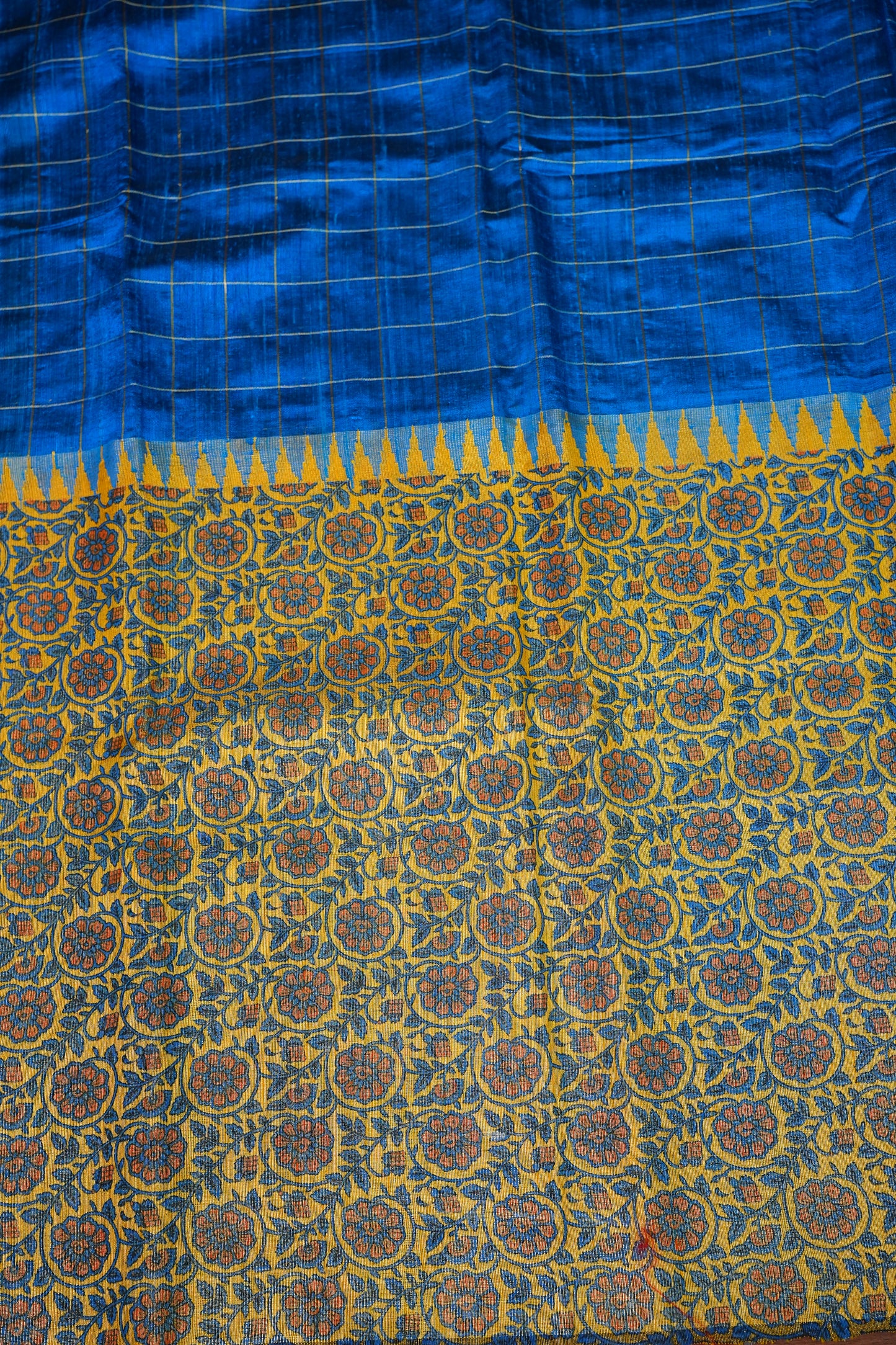 Pure Raw Silk Saree with Gold Checks – Royal Blue & Mustard Yellow