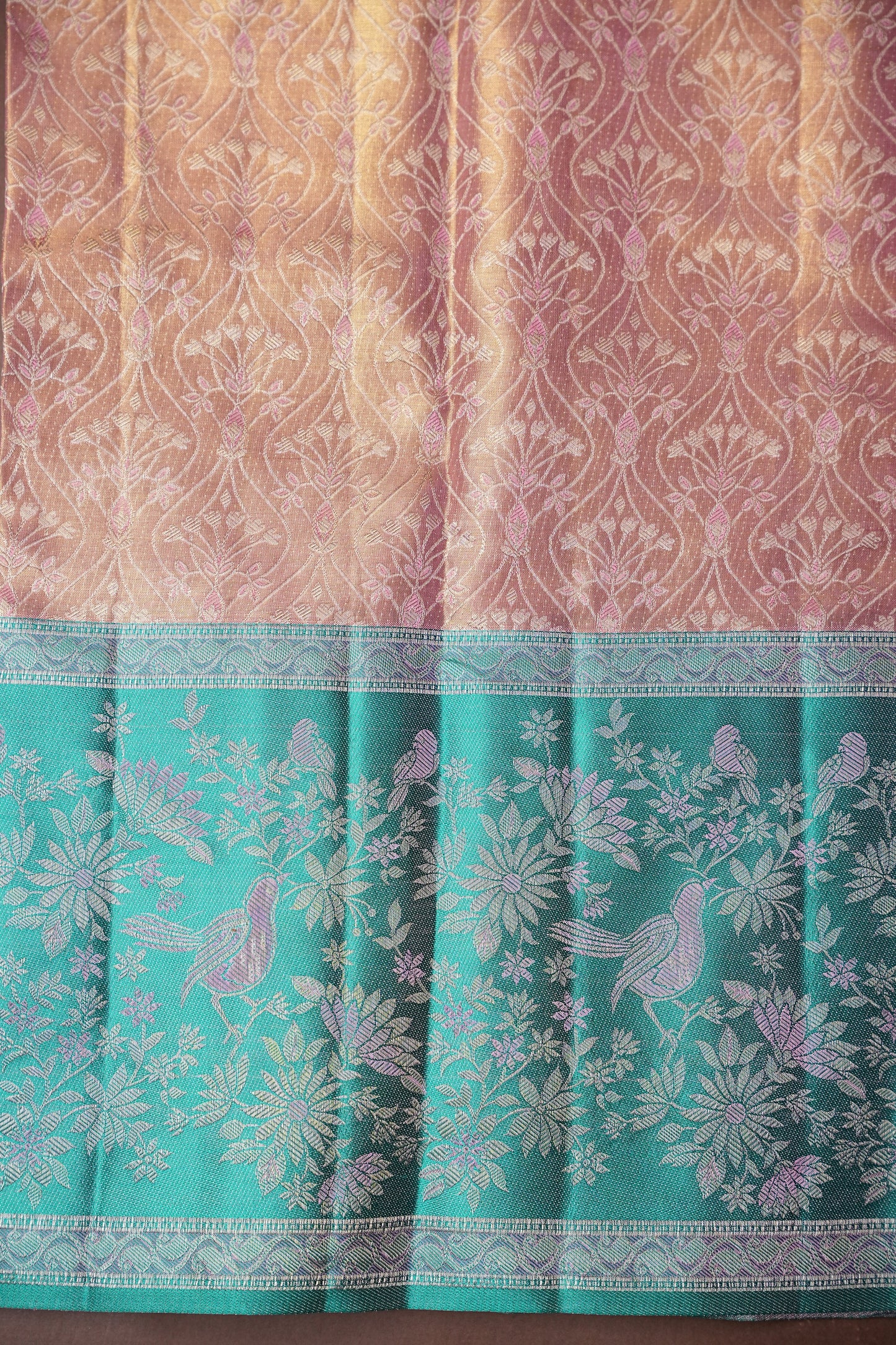 Peach Pink & Turquoise Green Pure Tissue Kanchipuram Silk Saree|Silk Mark Certified