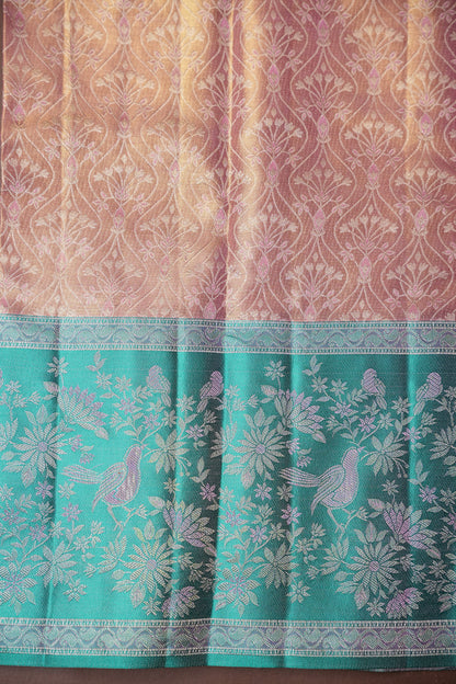Peach Pink & Turquoise Green Pure Tissue Kanchipuram Silk Saree|Silk Mark Certified