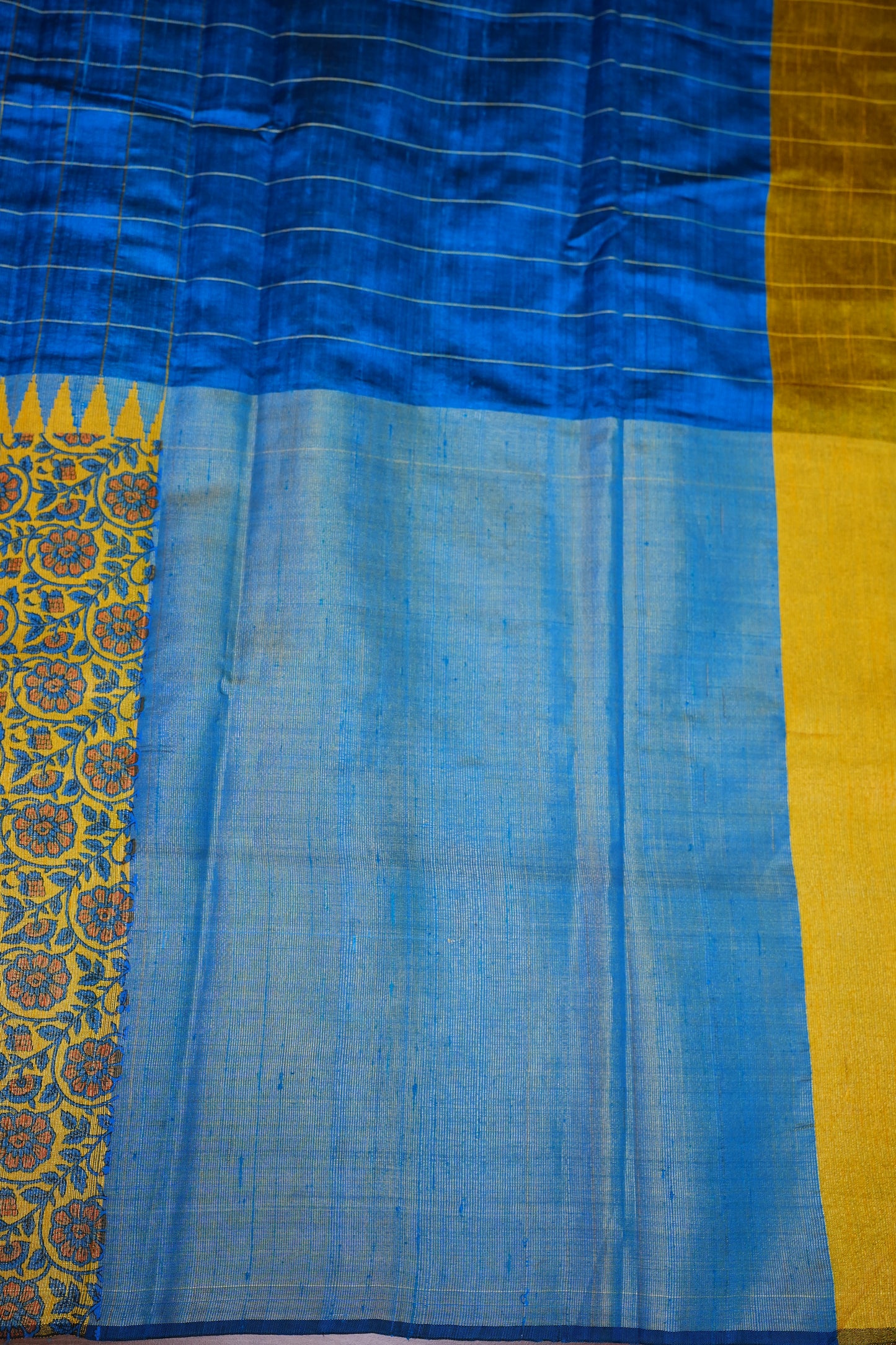 Pure Raw Silk Saree with Gold Checks – Royal Blue & Mustard Yellow