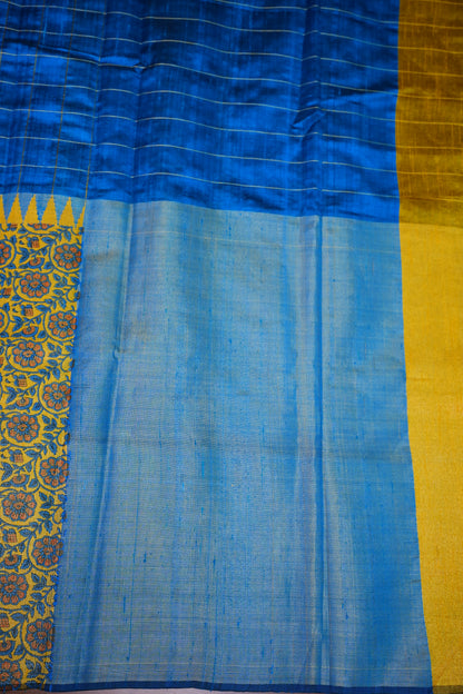 Pure Raw Silk Saree with Gold Checks – Royal Blue & Mustard Yellow