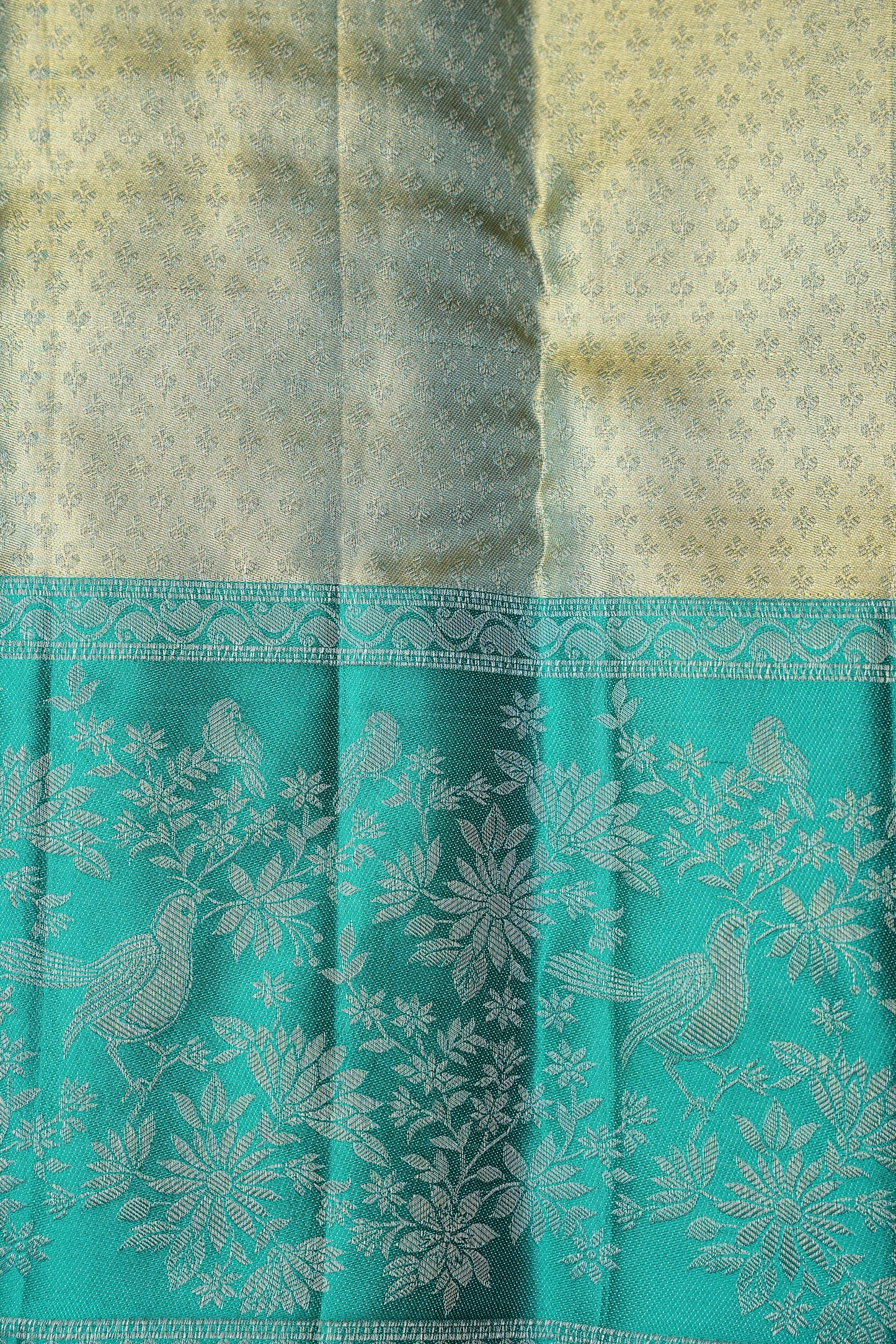 Peach Pink & Turquoise Green Pure Tissue Kanchipuram Silk Saree|Silk Mark Certified