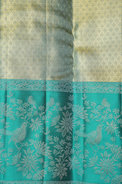Peach Pink & Turquoise Green Pure Tissue Kanchipuram Silk Saree|Silk Mark Certified