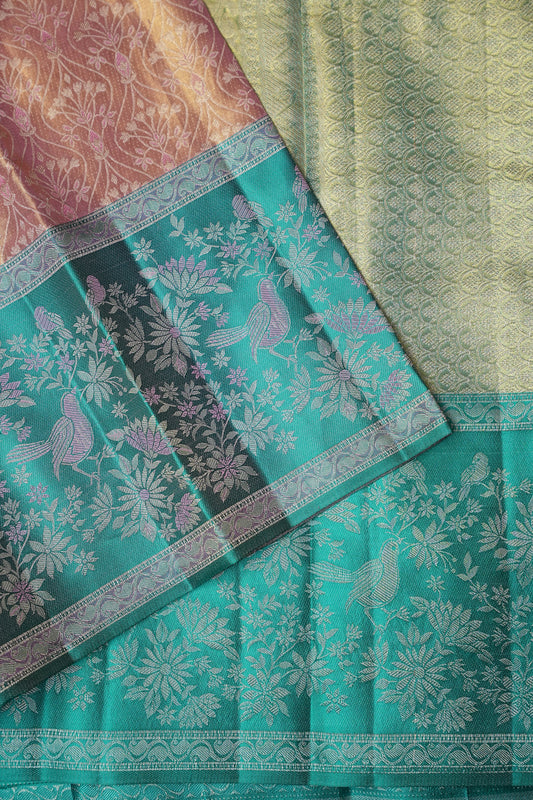 Peach Pink & Turquoise Green Pure Tissue Kanchipuram Silk Saree|Silk Mark Certified
