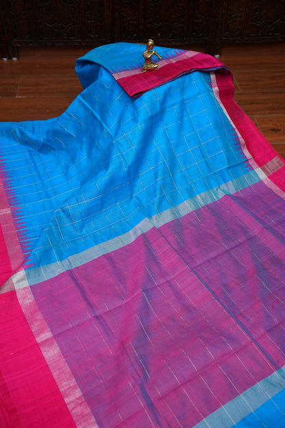 Pure Raw Silk Saree with Contrast Silver Zari Border – Sky Blue & Rani Pink